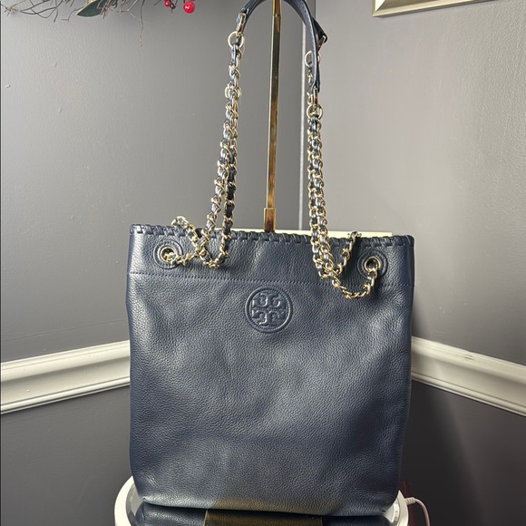 EUC Tory Burch Navy Blue Pebbled Leather Tote Bag - Picture 1 of 9